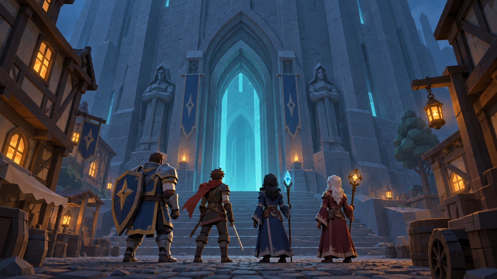 Four adventurers approaching the immense cyan-lit tower entrance, in a polygonal concept illustration
