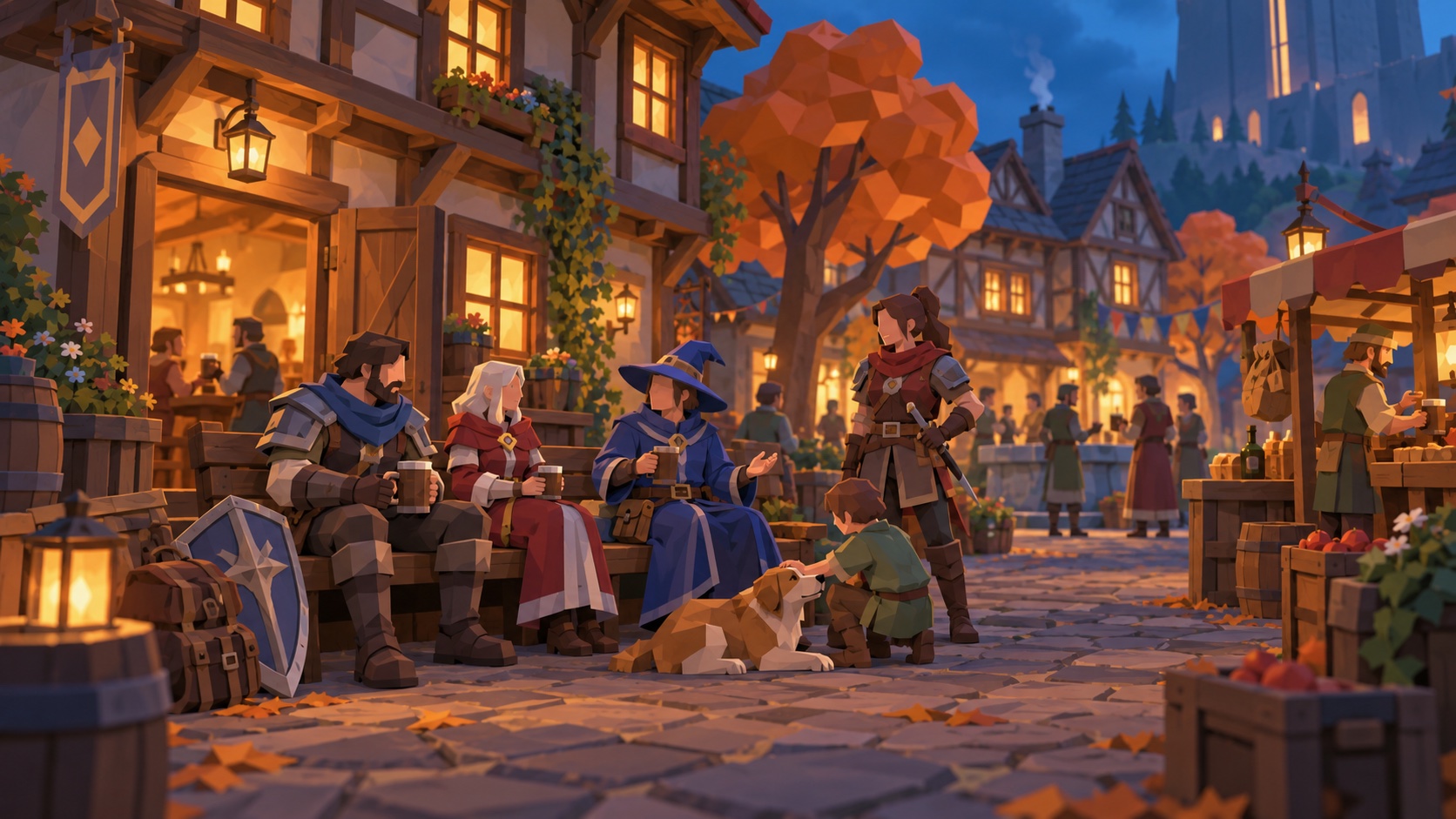 A welcoming lamplit square in Caelwick, with townspeople and adventurers among timber houses, in a polygonal concept illustration